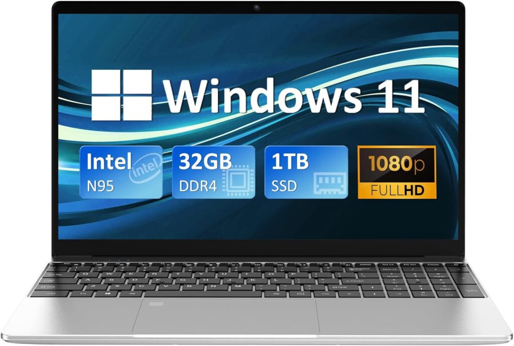 Auusda 15.6 Inch Laptop, 32GB DDR4 1TB NVMe SSD Windows 11 Ultrabook, Intel N95 Laptops(3.4GHz),1920x1200 FHD Display Computer, with Touch ID WiFi5 Bluetooth 4.2 Type C USB 3.0