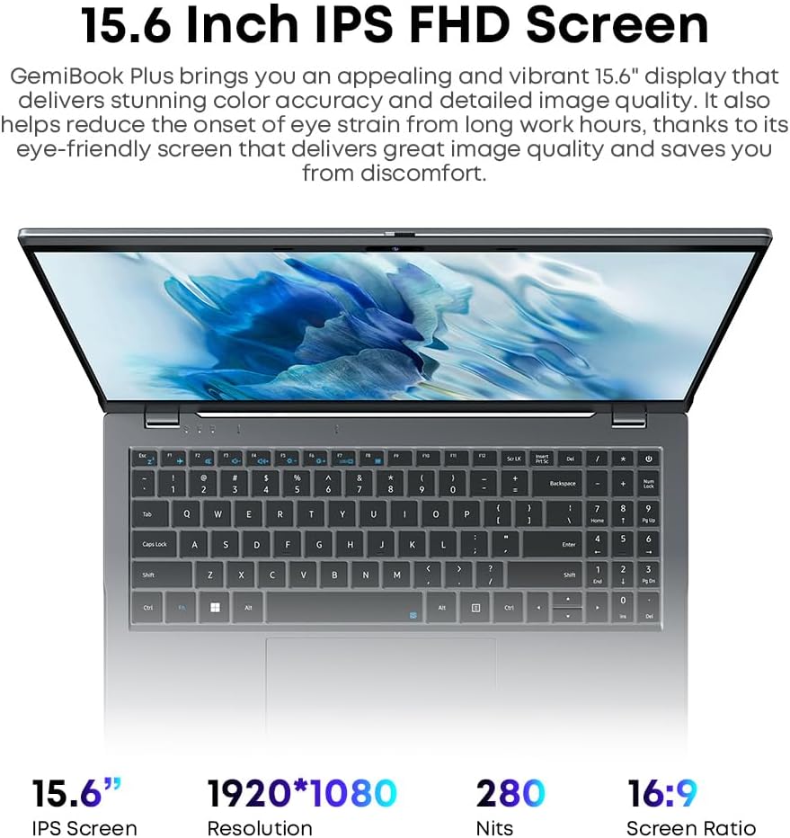 CHUWI Gemibook Plus Windows 11 Laptop, 15.6 inch 12th Gen Intel Alder Lake-N100(0.8 to 3.4GHz), with 8GB RAM 256GB SSD(TF 512GB), FHD(1920x1080) 16:9 IPS Laptops, 4K Video, WiFi 6, BT5.2