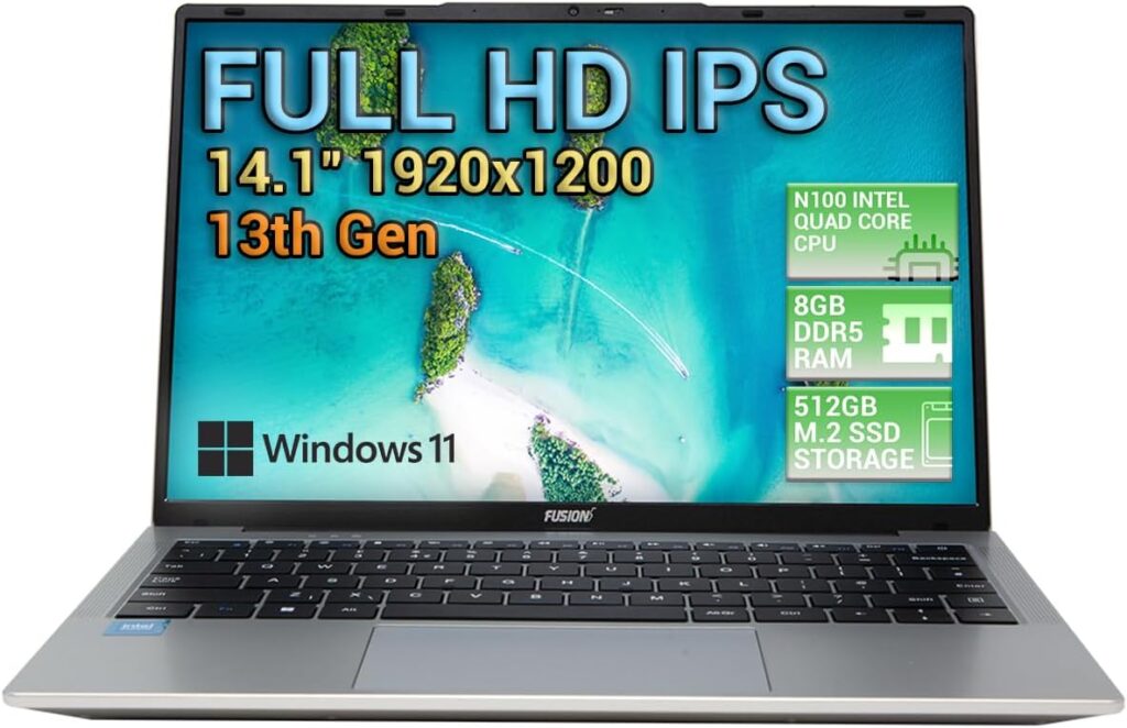 Fusion5 13th Gen 14.1 Full HD Windows 11 Laptop - 512GB M.2 SSD Storage, 8GB DDR5 RAM, T90B Pro, N100 Intel Quad Core,Dual WiFi, USB 3.0, 2MP, Webcam with privacy cover, 2023 Model