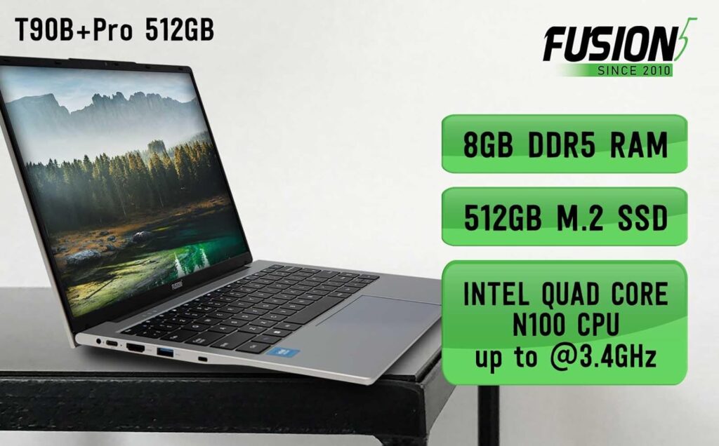 Fusion5 13th Gen 14.1 Full HD Windows 11 Laptop - 512GB M.2 SSD Storage, 8GB DDR5 RAM, T90B Pro, N100 Intel Quad Core,Dual WiFi, USB 3.0, 2MP, Webcam with privacy cover, 2023 Model