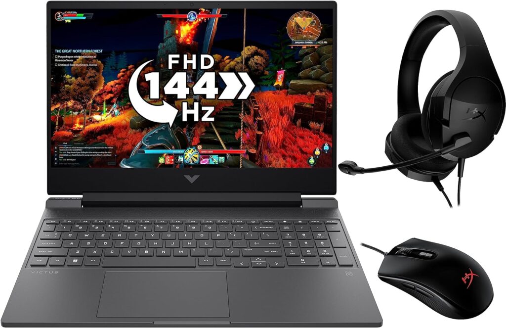 HP Victus Gaming Laptop 15-fb0020na Bundle with HyperX Pulsefire Mouse HyperX Cloud Stinger Headset | AMD Ryzen 5-5600H | Radeon RX 6500M |8GB RAM | 256GB SSD | 15.6” FHD | Windows 11 Home |Black