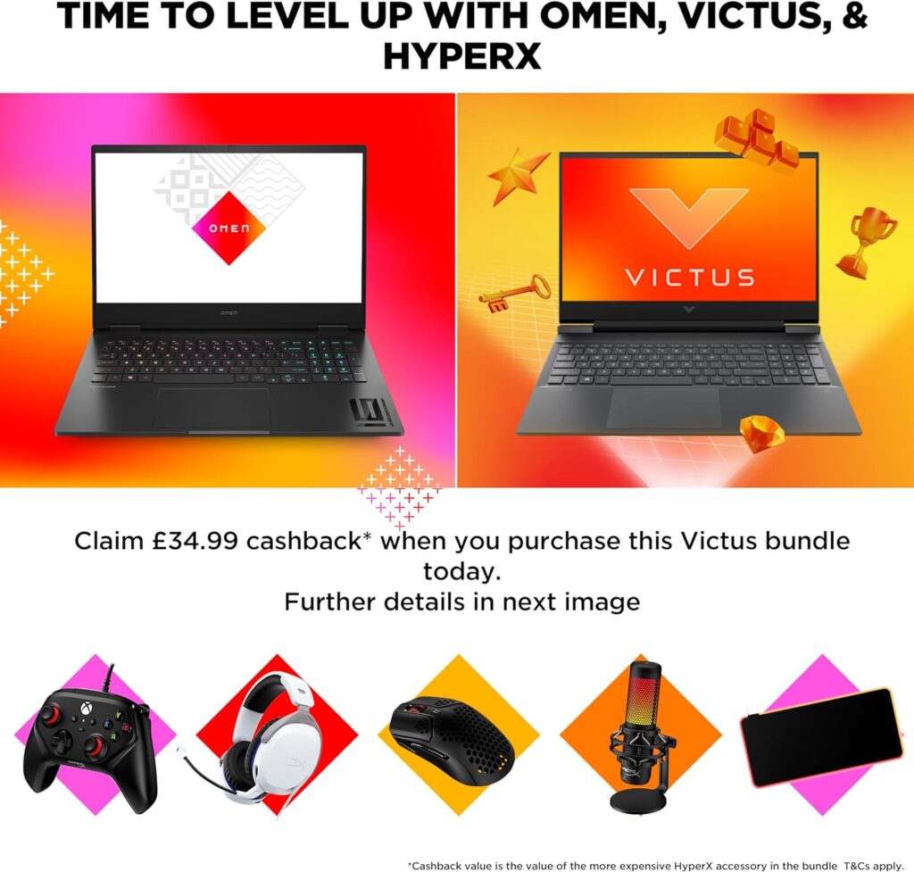 HP Victus Gaming Laptop 15-fb0020na Bundle with HyperX Pulsefire Mouse HyperX Cloud Stinger Headset | AMD Ryzen 5-5600H | Radeon RX 6500M |8GB RAM | 256GB SSD | 15.6” FHD | Windows 11 Home |Black