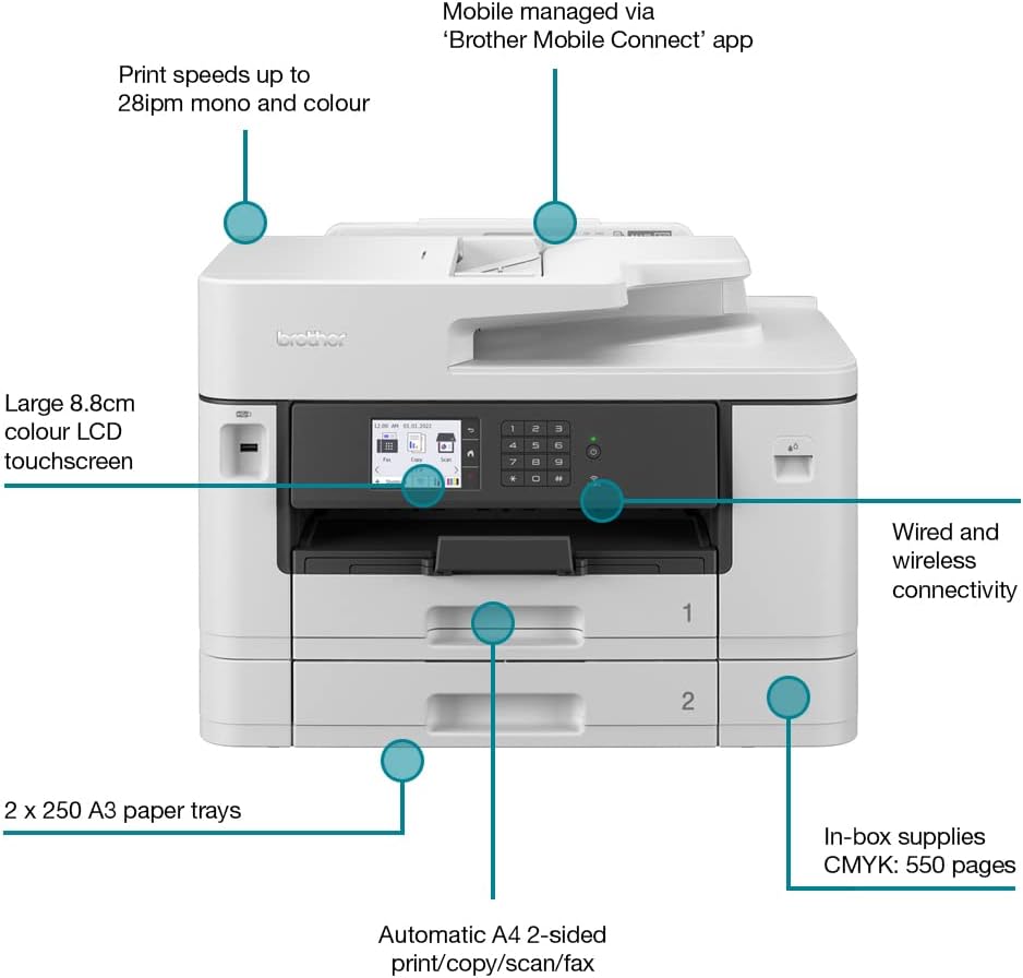 BROTHER MFC-J5740DW Wireless Colour Inkjet Printer |A4 4-in-1 (Print/Copy/Scan/Fax) | Wi-Fi/USB/NFC | A3 Print |8.8cm LCD Screen, UK Plug