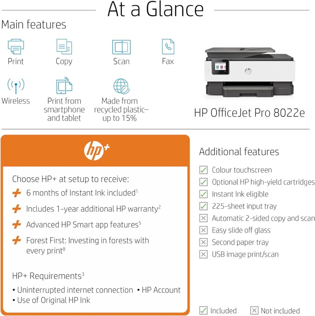 HP OfficeJet 8022e All in One colour printer with 6 months of Instant Ink with HP+, Black/White