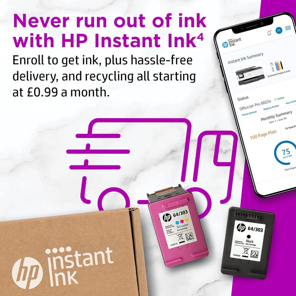 HP OfficeJet 8022e All in One colour printer with 6 months of Instant Ink with HP+, Black/White