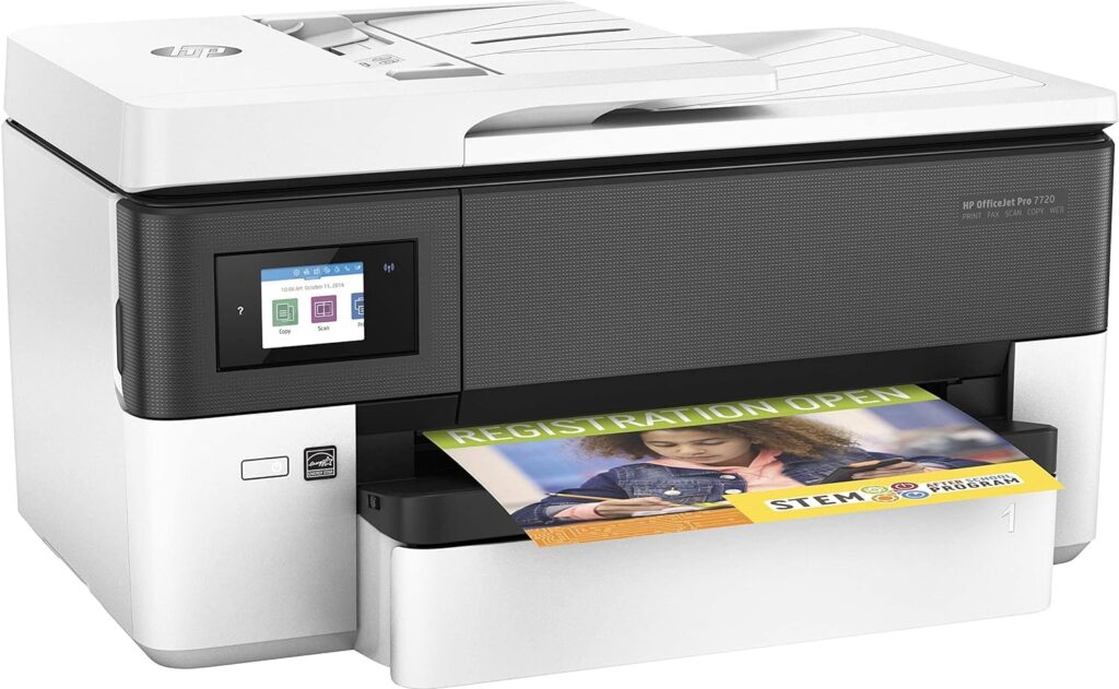 HP Officejet Pro 7720 All-in-One Printer - Color Inkjet (Copy, Scan, Print, A3, Automatic Document Feeder, Duplex, Wifi), Black, White