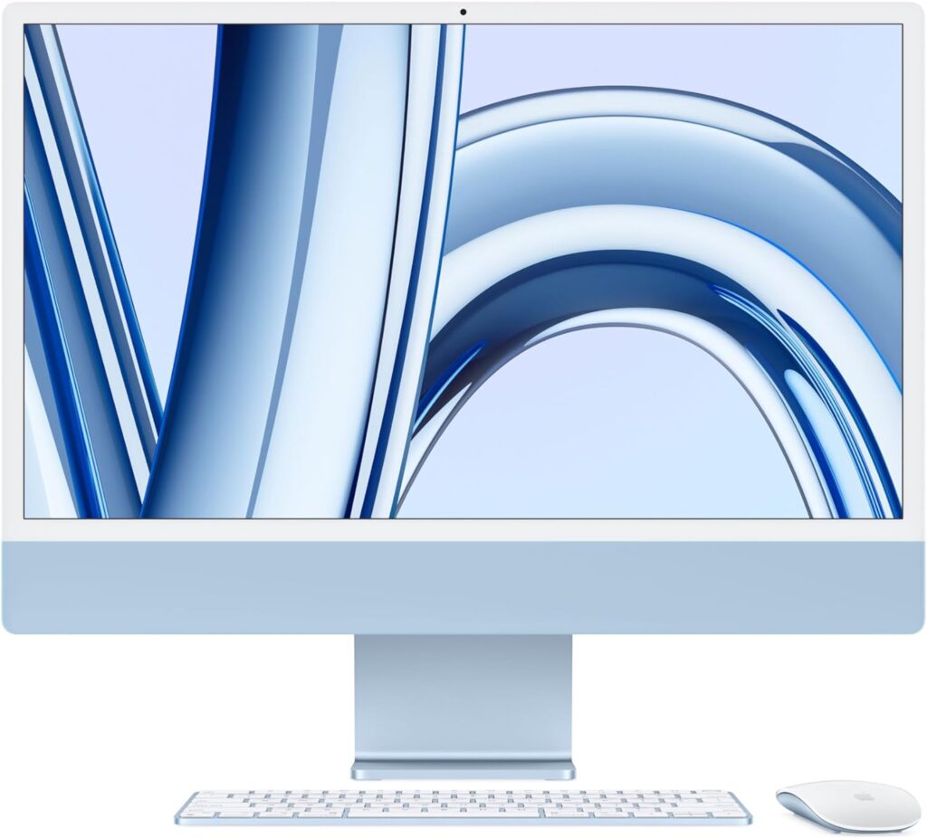 Apple 2023 iMac all-in-one desktop computer with M3 chip: 8-core CPU, 10-core GPU, 24-inch 4.5K Retina display, 8GB unified memory, 512GB SSD storage, matching accessories. Works with iPhone; Blue