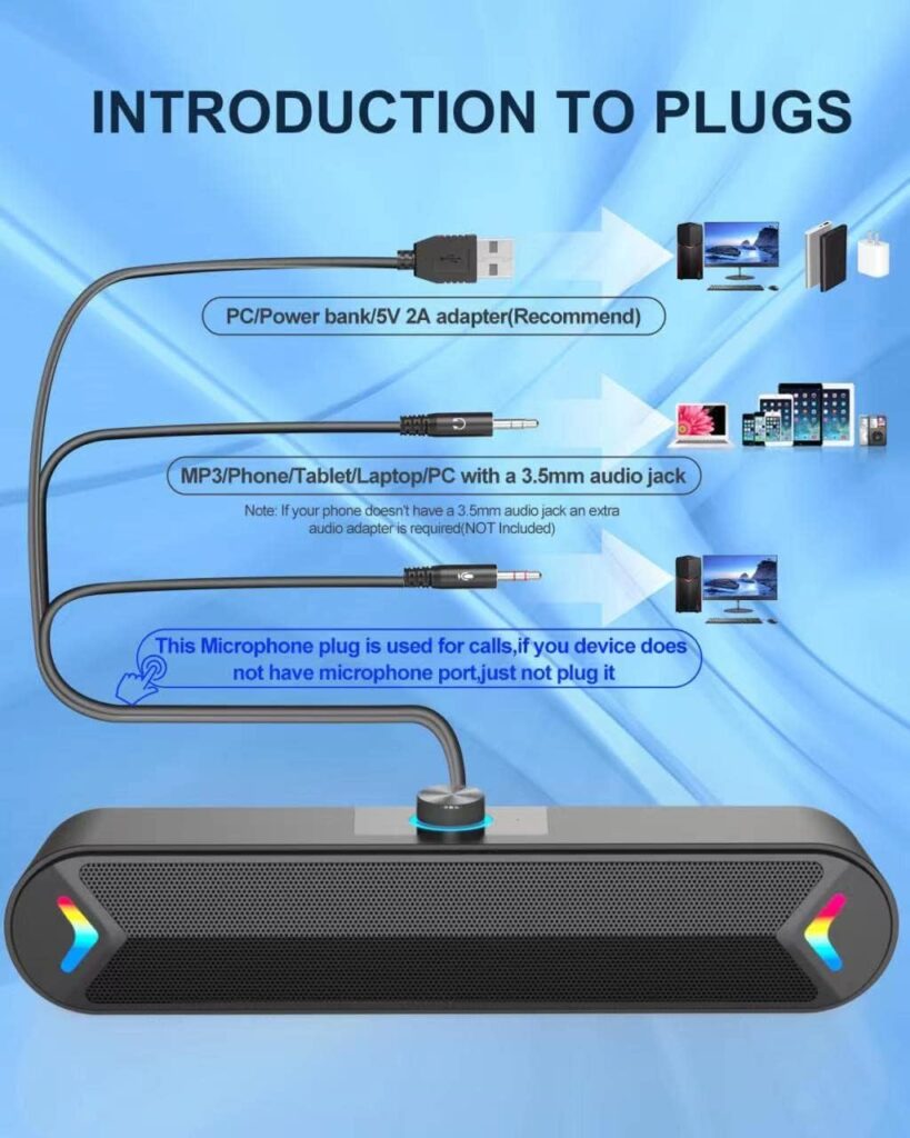 LENRUE PC Speakers, USB-Powered Computer Speakers for Desktop Computer Laptop,3.5 Aux-in, with Lights, Plug and Play (Light-Black)