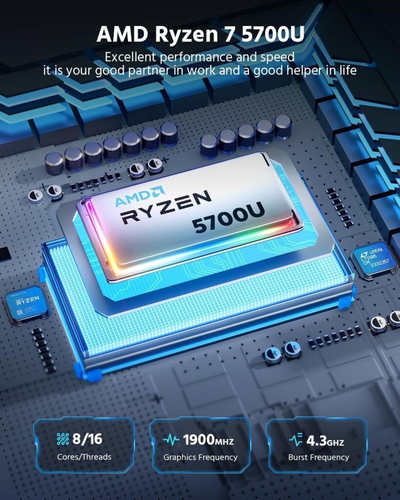 NiPoGi Mini PC AMD Ryzen 7 5700U (up to 4.3GHz, 8C/16T), 16GB RAM 512GB SSD Mini Desktop Computer for Office,HTPC,Business, Wifi 6/Bluetooth 5.2/DP+HDMI/USB-C