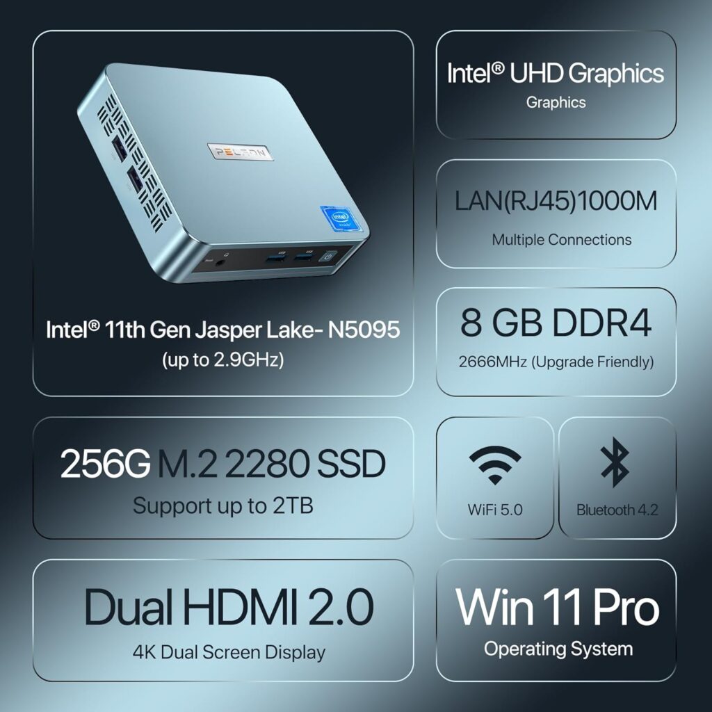 PELADN WI-4 Mini PC Intel 11th Gen N5095(up to 2.9GHz),8GB DDR4 256GB SSD Mini Computer Small Desktop PC, 4K HD, WIFI 5.0 BT4.2, Dual HDMI Ports, 2.4G/5G WiFi, Gigabit Ethernet Support W11 Pro