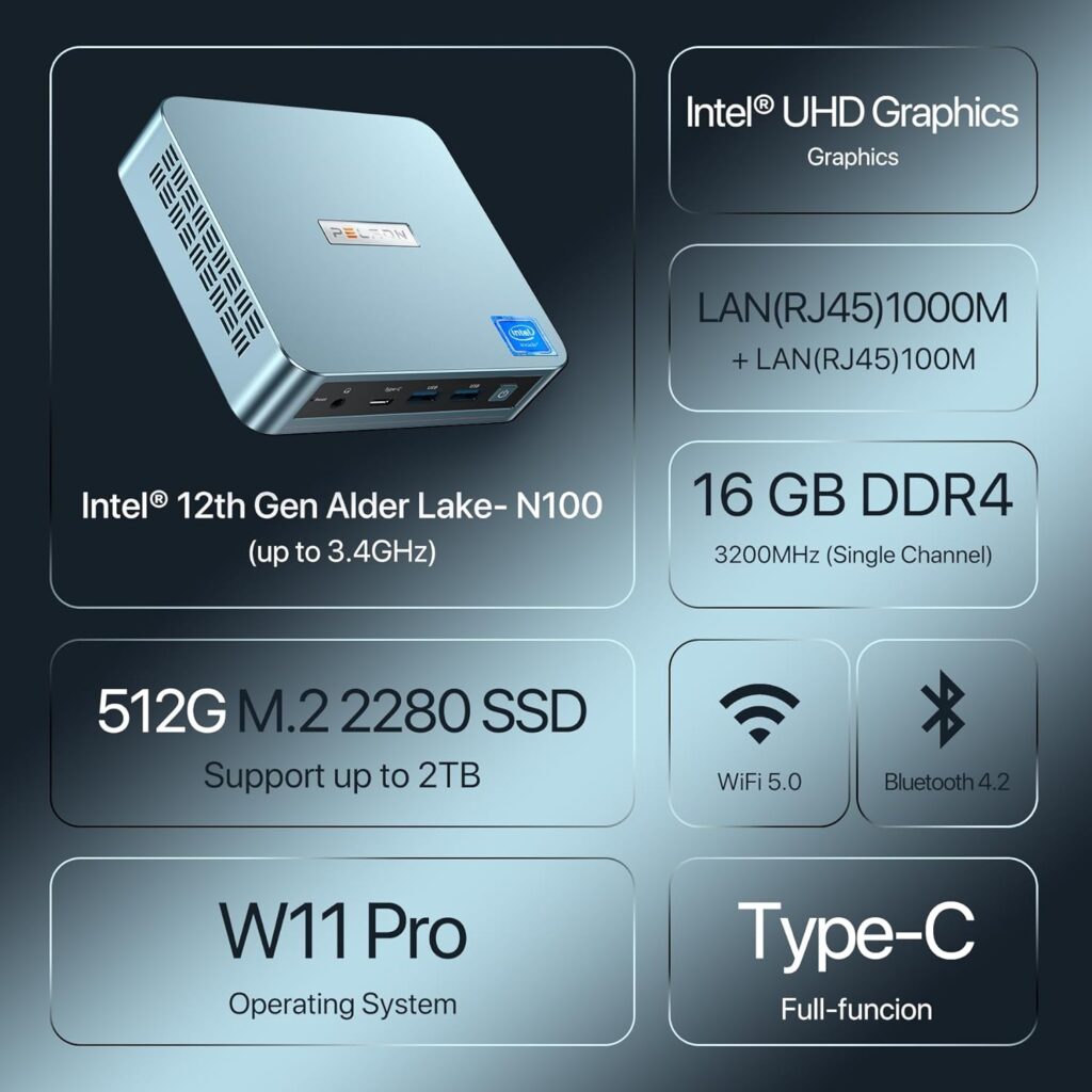 PELADN WI-6 Mini PC Desktop Computer, Intel 12th Gen Alder Lake- N100(up to 3.4GHz), 16GB DDR4 RAM 512GB M.2 PCIe SSD, Desktop Computer Support 4K Dual Display/USB3.2/WiFi 5/BT4.2/Win 11 Pro