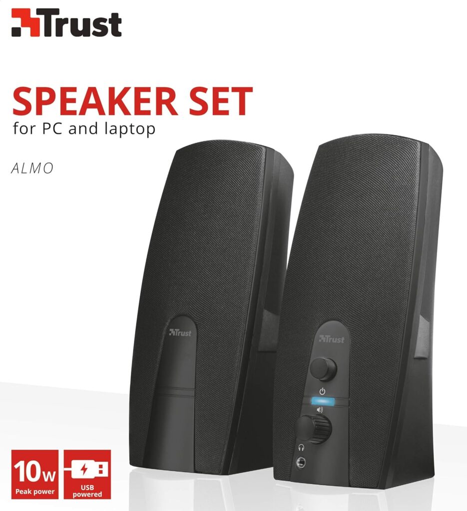 Trust Almo 2.0 PC Speaker Set, 10 W Peak Power, USB Powered Sound System, 3.5 mm Audio Connection, Sound System with Clear Sound for Computer, PC, Laptop, Mac - Black [Amazon Exclusive]