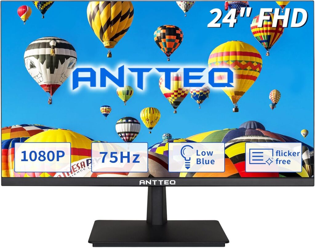 Antteq 24 Inch FHD Monitor, Ultra-slim Bezels 1080P 75Hz VA Computer Monitor, 178° Viewing Angle 16.7M Colors with HDMI VGA Free Flicker Blue Light Filter, LED Full HD Monitor for PC Office, Black