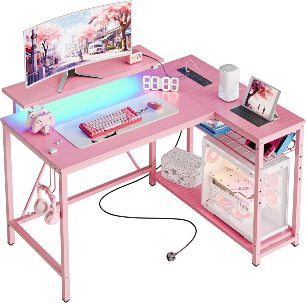 Bestier L Shaped Desk with Power Outlets LED Lights Compact Corner Desk with Shelves Reversible Computer Desk with Hooks for Home Office Bedroom Small Space 106.5CM