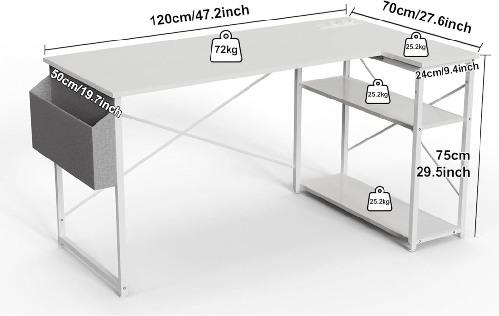 BEXEVUE Small L Shaped Desk with Power Outlets - 100x70 cm Corner Computer Desk Writing Table, Reversible Large Storage Shelves, Bookshelf Workstation for Study Play Work Bedroom Home Office White