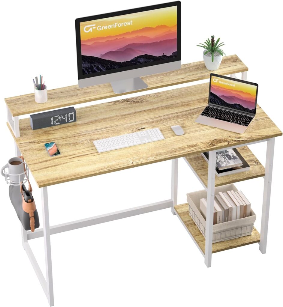 GreenForest Computer Desk with Full Monitor Stand and Reversible Storage Shelves,100cm Home Office Desk with Headphone Hook and Cup Holder, Study Writing Gaming Workstation Table,White