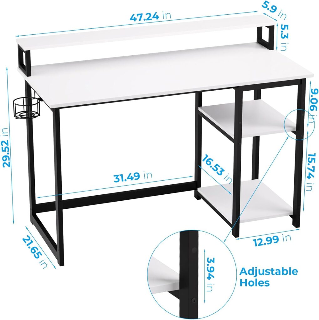 GreenForest Computer Desk with Full Monitor Stand and Reversible Storage Shelves,100cm Home Office Desk with Headphone Hook and Cup Holder, Study Writing Gaming Workstation Table,White