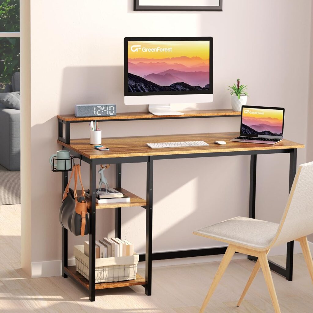 GreenForest Computer Desk with Full Monitor Stand and Reversible Storage Shelves,100cm Home Office Desk with Headphone Hook and Cup Holder, Study Writing Gaming Workstation Table,White