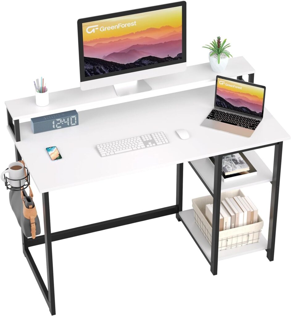 GreenForest Computer Desk with Full Monitor Stand and Reversible Storage Shelves,100cm Home Office Desk with Headphone Hook and Cup Holder, Study Writing Gaming Workstation Table,White
