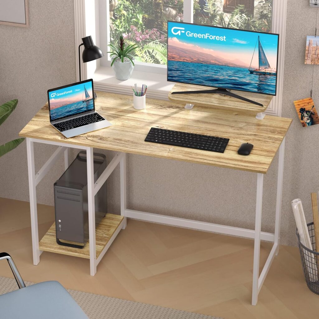 GreenForest Computer Home Office Desk with Monitor Stand and Reversible Storage Shelves,100cm Modern Simple Writing Study PC Work Table,Oak