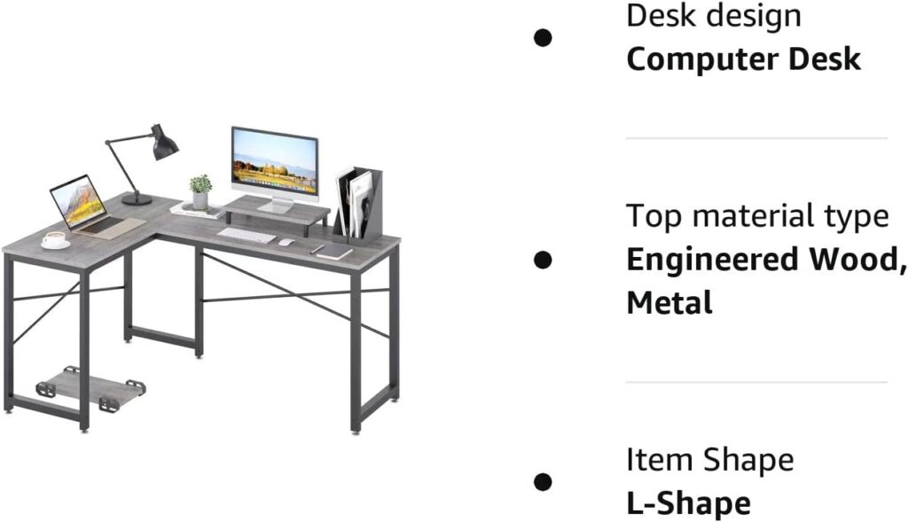 HEEYUE Computer Desk, L Shaped Desk with Large Desktop, Corner Desk with Monitor Stand PC Laptop Table Computer Workstation for Home Office (Grey)