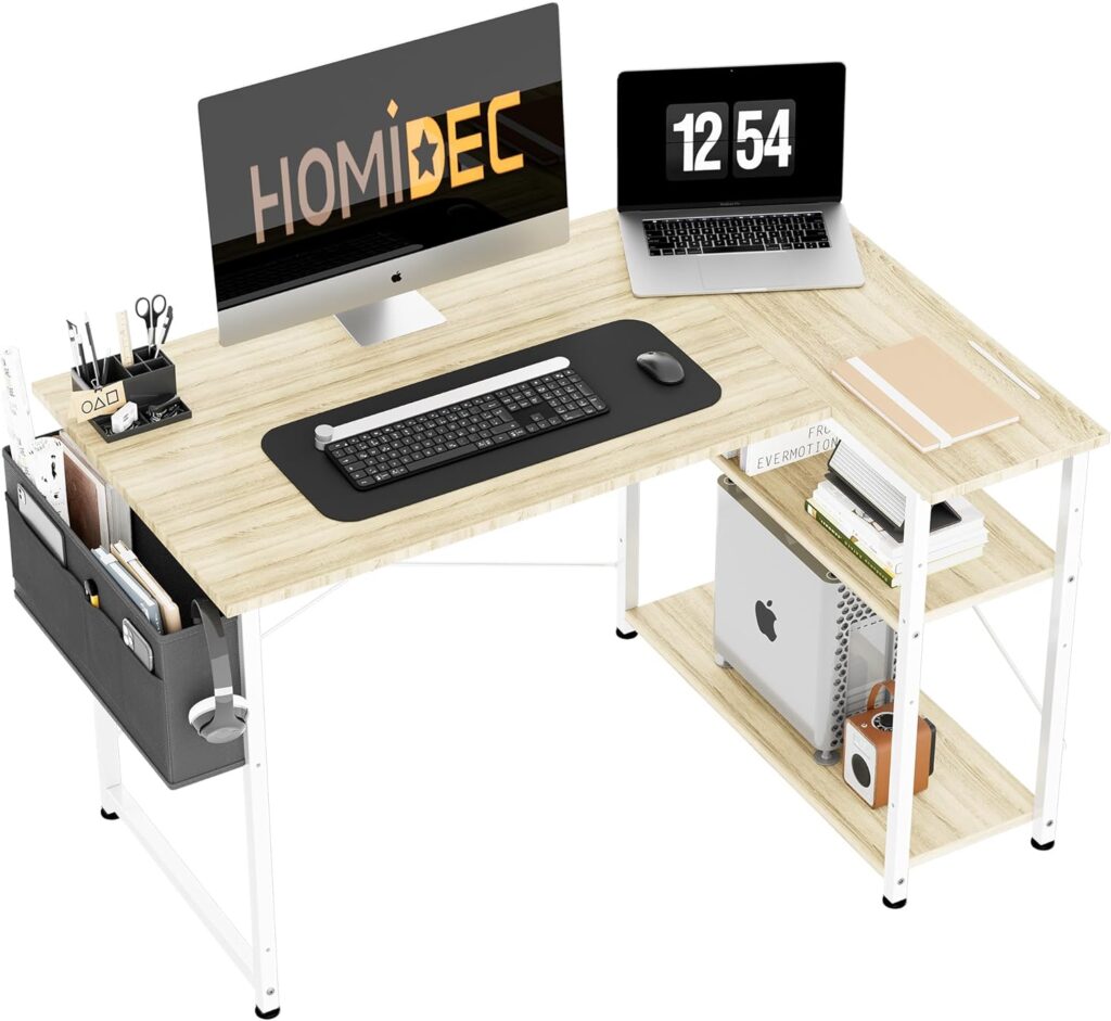 HOMIDEC L Shaped Desk 100CM Computer Desk Study Office Desk Gaming Desk Writing Table With Bookshelf Reversible Corner Desk For Home Office Studio Workstation