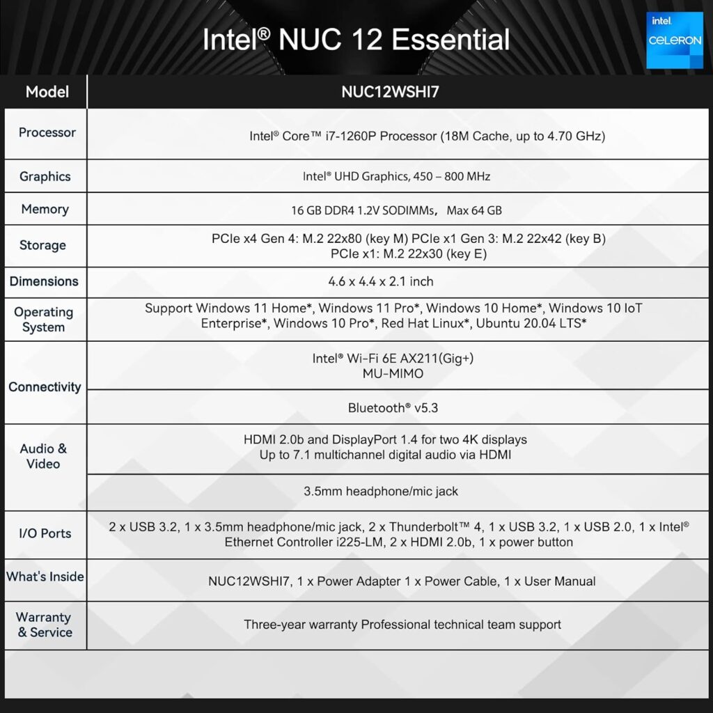 Intel Mini PC, Intel NUC 12 Barebone with Intel Core i7-1260P Prozessor, Mini Computer, 12 Core, 18MB Cache, Iris Xe Grafik, WiFi6E, Thunderbolt 4