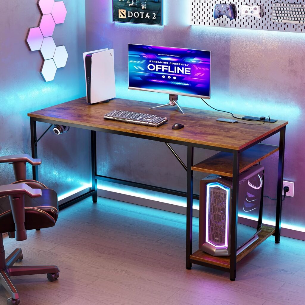 JOISCOPE Computer Desk,100cm Office Desk with Power Outlets and 2 Shelves, PC Desks Workstation for Student and Worker,Study Table for Writing,Wooden Desk for Bedroom,Home,Office,Vintage Oak Finish