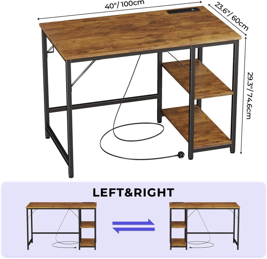 JOISCOPE Computer Desk,100cm Office Desk with Power Outlets and 2 Shelves, PC Desks Workstation for Student and Worker,Study Table for Writing,Wooden Desk for Bedroom,Home,Office,Vintage Oak Finish