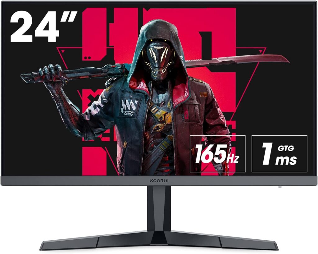 KOORUI Monitor Gaming, 24 Inch Computer Screen HDMI, 165Hz, 1080p, 1ms, IPS, FreeSync, Compatible G-sync, Tilt Adjustable, Eye Care, VESA Wall Mountable (FHD 1920x1080, DisplayPort) Black