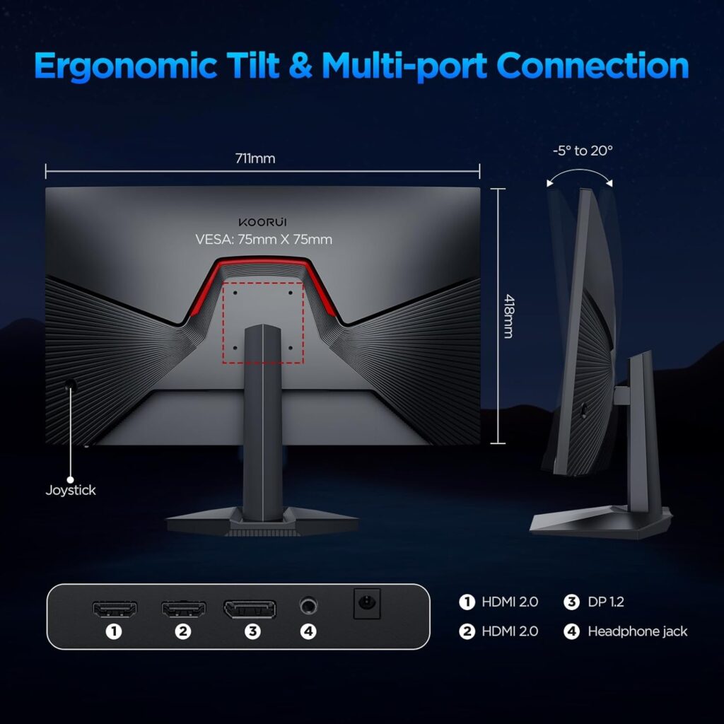KOORUI Monitor Gaming, 24 Inch Computer Screen HDMI, 165Hz, 1080p, 1ms, IPS, FreeSync, Compatible G-sync, Tilt Adjustable, Eye Care, VESA Wall Mountable (FHD 1920x1080, DisplayPort) Black