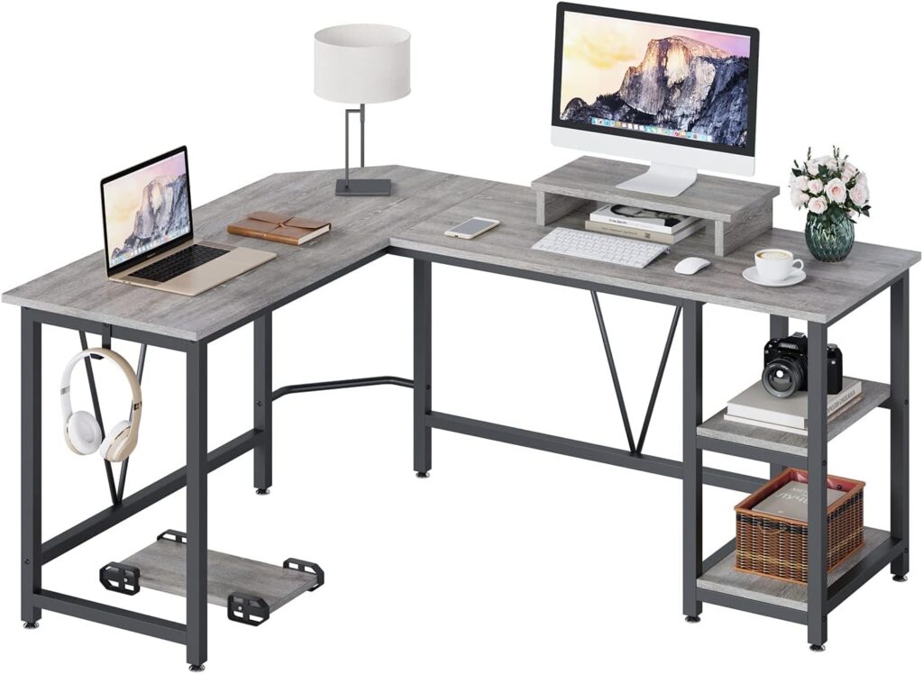 TREETALK Computer desk, L-shaped Corner Desk with 2-Layer Storage,Large PC Laptop Table with Monitor Stand and CPU Stand,Gaming Desk Writing Table for Office Home (Grey)