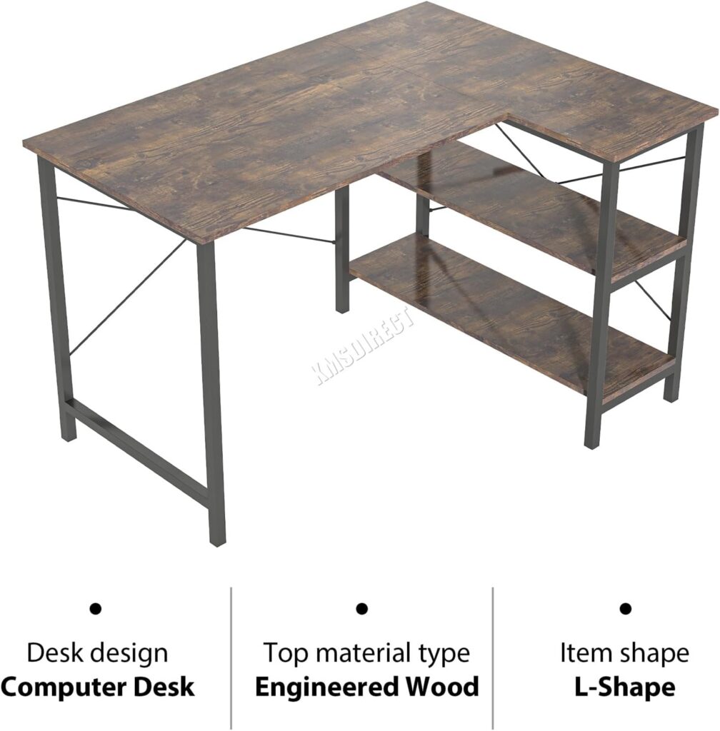 WestWood L-shaped Corner Laptop Pc Computer Desk Writing Desk Workstation Gaming Table Office Reversible Study 2 Heights Customize 3 tier Shelf Wood Surface Brown