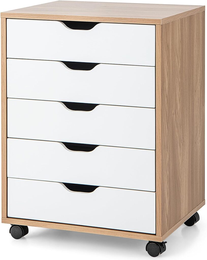 COSTWAY Mobile File Cabinet, Drawer Lateral Stationery Storage Organiser Chest with Wheels, Home Office Printer Stand Side Filing Cupboard (Natural+White, 5 Drawers)