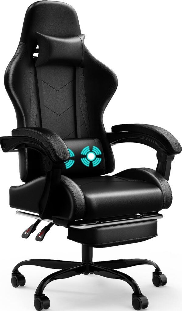 Devoko Massage Gaming Chair, Computer Office Chair with Footrest, Racing Gamer Chair 150 kg Load Capacity, 90-135° Backrest Adjustable Ergonomic PC Chair, 360° Rotatable, Black