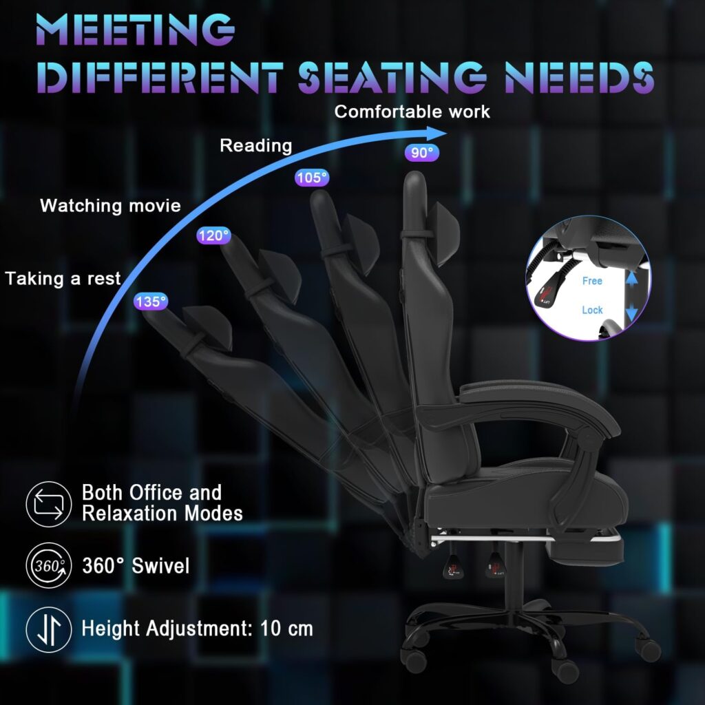 Devoko Massage Gaming Chair, Computer Office Chair with Footrest, Racing Gamer Chair 150 kg Load Capacity, 90-135° Backrest Adjustable Ergonomic PC Chair, 360° Rotatable, Black