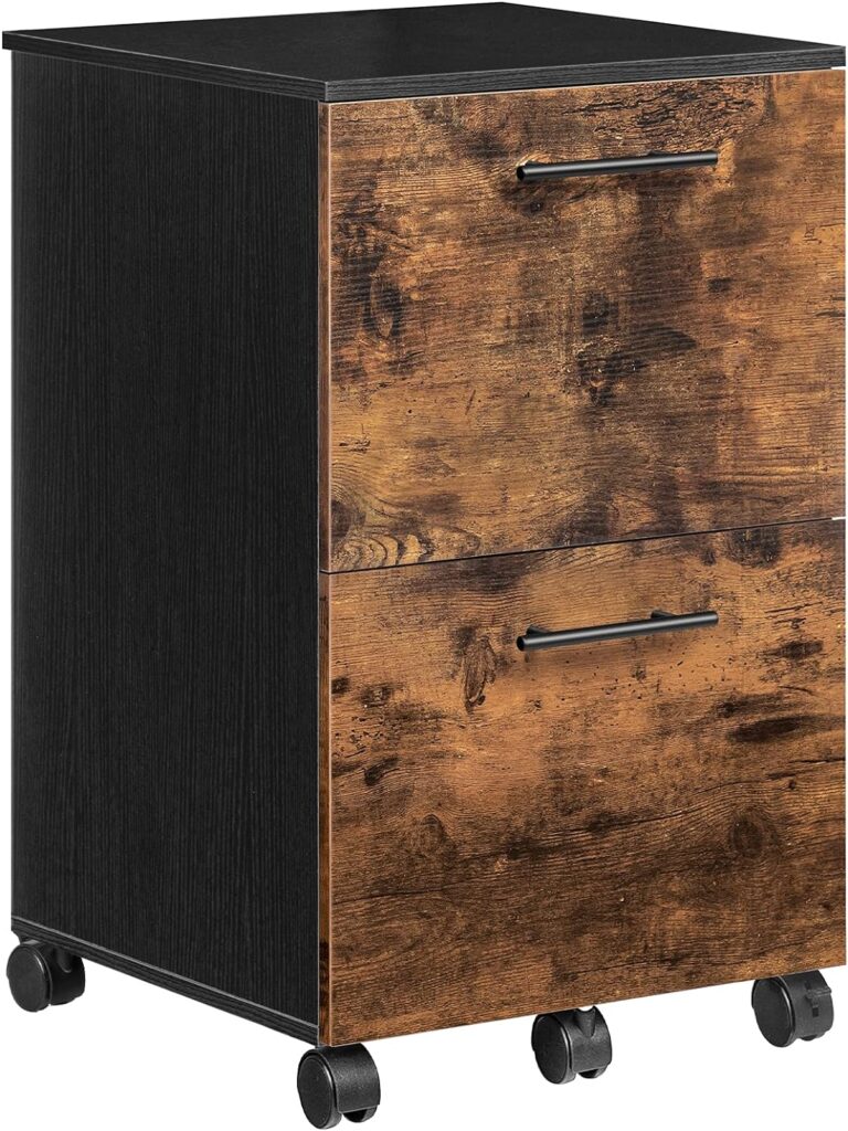 HOOBRO Filing Cabinet, Mobile Filing Cabinet on Wheels, Office Cabinet with 2 Drawers, Mobile Pedestal, for A4, Letter Size, Home Office, Hanging File Folders, Rustic Brown and Black EBF03WJ01G1