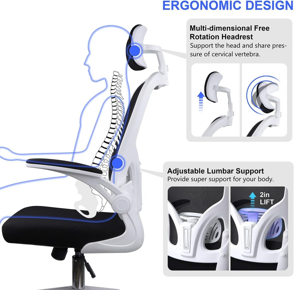 JAJALUYA Office Chair Mesh Computer Chair with Adjustable Headrest and Lumbar Support Desk Chair Ergonomic Office Chair with Flip-up Armrest for Home Office Study (White)