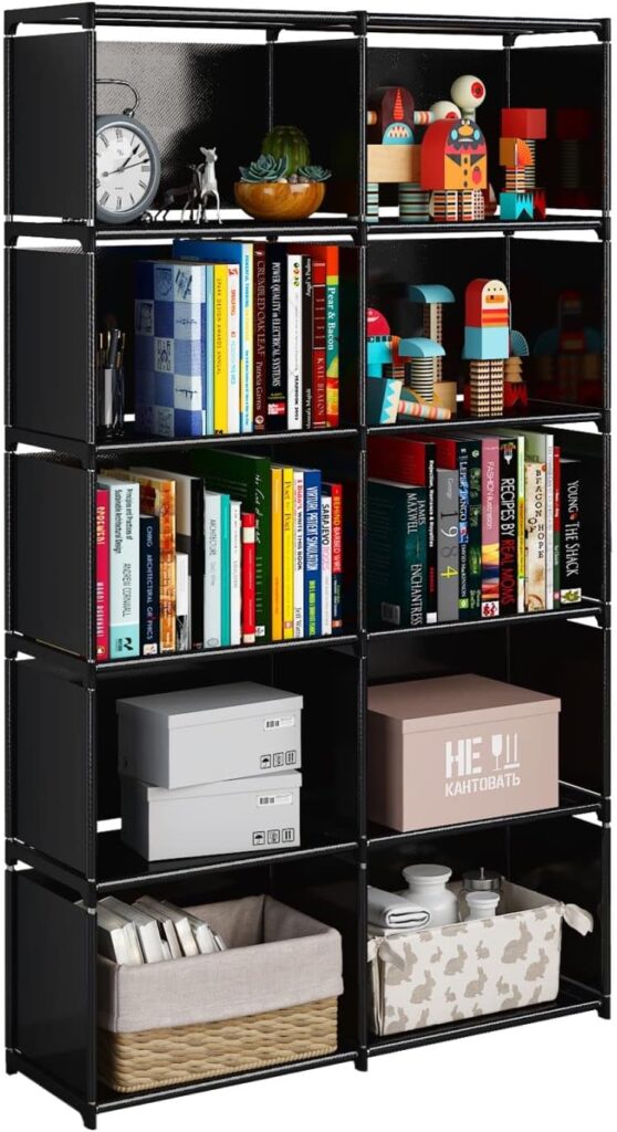 JIUYOTREE 6-Tiers Portable Bookshelf with Fabric Cloth at Back, 10 Cube Closet Storage Organiser Bookcase, Living Room,Study Room,Bedroom, Black