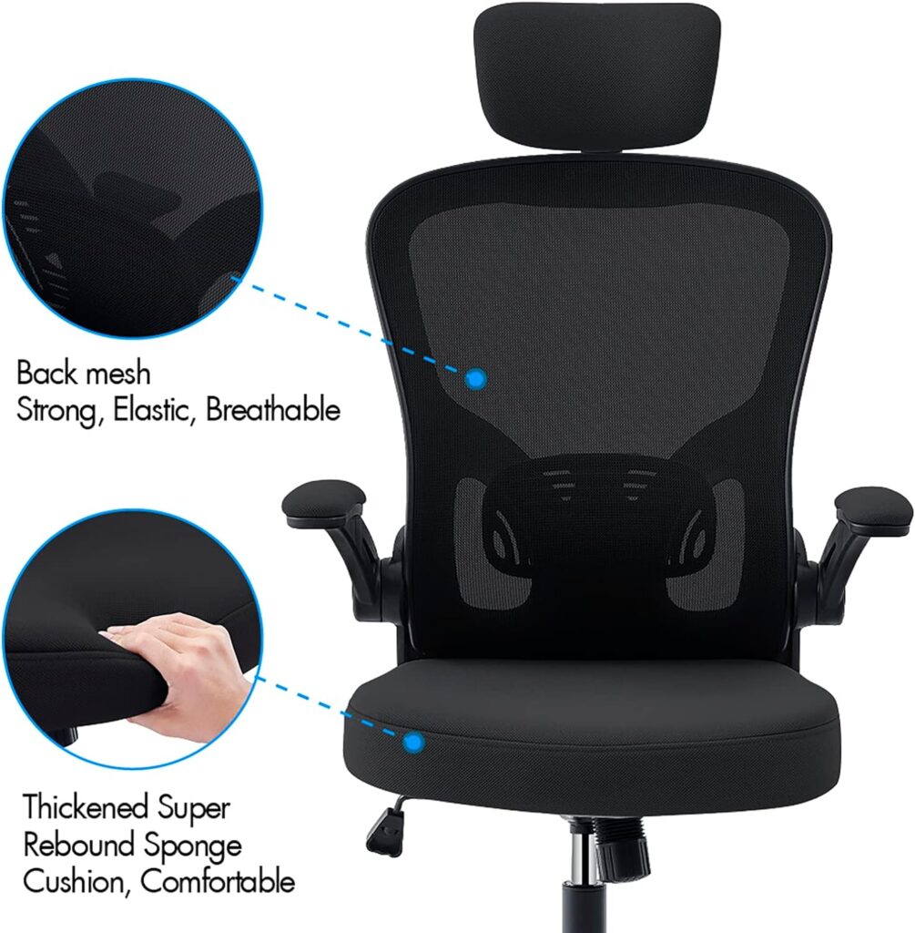 OWAY HOMELIVING Ergonomic Office Chair with Lumber Support Adjustable High Back Desk Chair with Flip-Armrest and Mesh Back for Home Computer Chairs for Adult Black