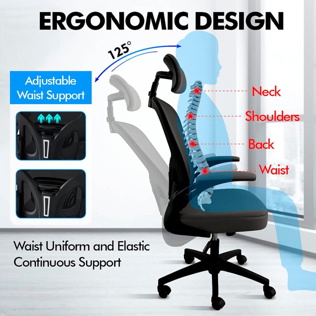 OWAY HOMELIVING Ergonomic Office Chair with Lumber Support Adjustable High Back Desk Chair with Flip-Armrest and Mesh Back for Home Computer Chairs for Adult Black