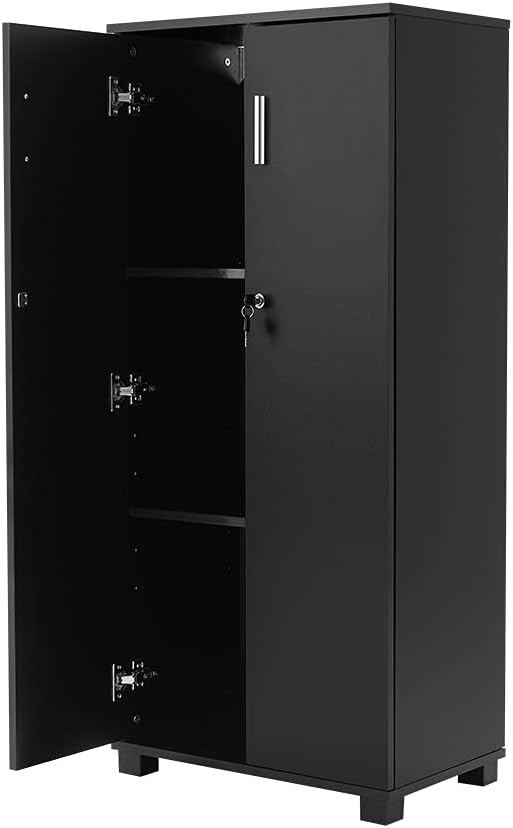 Panana 2 Door Wood Storage Cabinet with Locking Doors, Lockable File Cabinet Tall Slim Office Filing Cabinet with 2 Internal Shelves (Black)