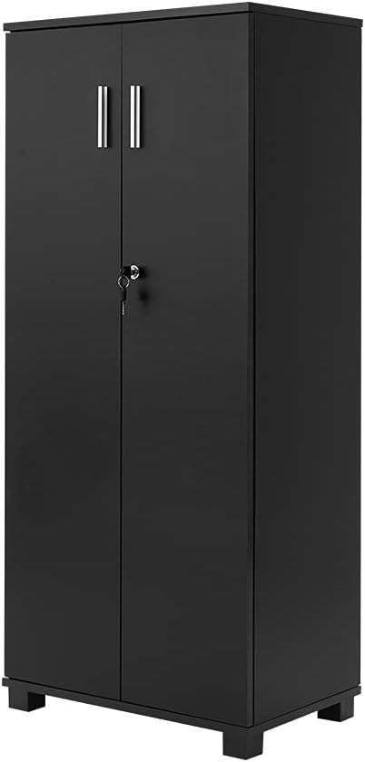 Panana 2 Door Wood Storage Cabinet with Locking Doors, Lockable File Cabinet Tall Slim Office Filing Cabinet with 2 Internal Shelves (Black)