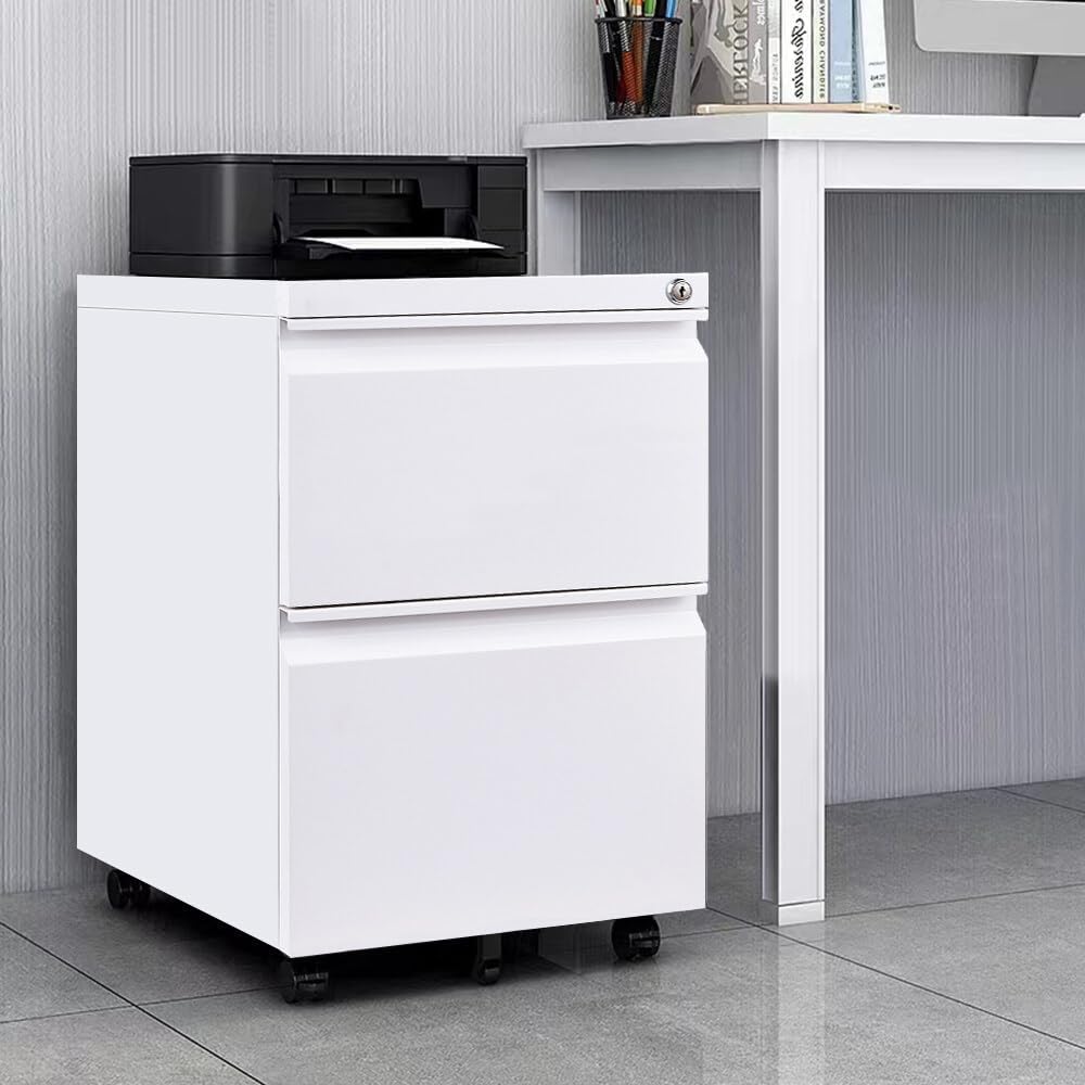 Panana Fully Assembled!Home Filing Furniture Under Desk 2Drawers Steel Lockable Mobile File Cabinet Bedside Table, Office Metal Storage Chest of Drawers(W39*D46*H71.5cm,White)