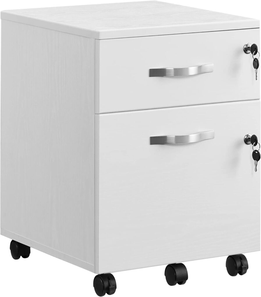 VASAGLE Lockable File Cabinet, Filing Pedestal with 2 Drawers, 5 Wheels, and Adjustable Hanging Rails, Textured Surface, for A4 and Letter Sized Papers, Home Office, White LCD22WV1
