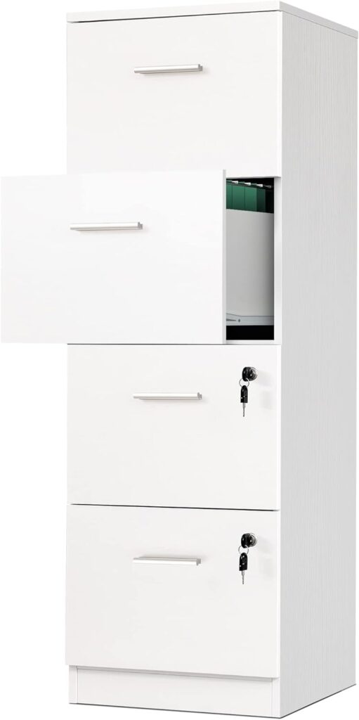 YITAHOME 4-Drawer File Cabinet with Lock, 130.7cm Deep Vertical Filing Cabinet for Letter A4-Sized Files, Need to Assemble, Storage Cabinet for Home Office (White)