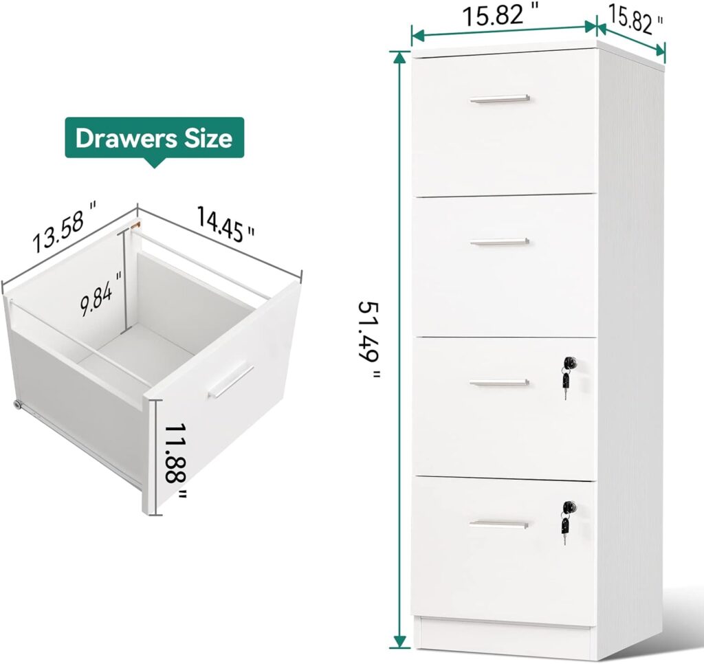 YITAHOME 4-Drawer File Cabinet with Lock, 130.7cm Deep Vertical Filing Cabinet for Letter A4-Sized Files, Need to Assemble, Storage Cabinet for Home Office (White)