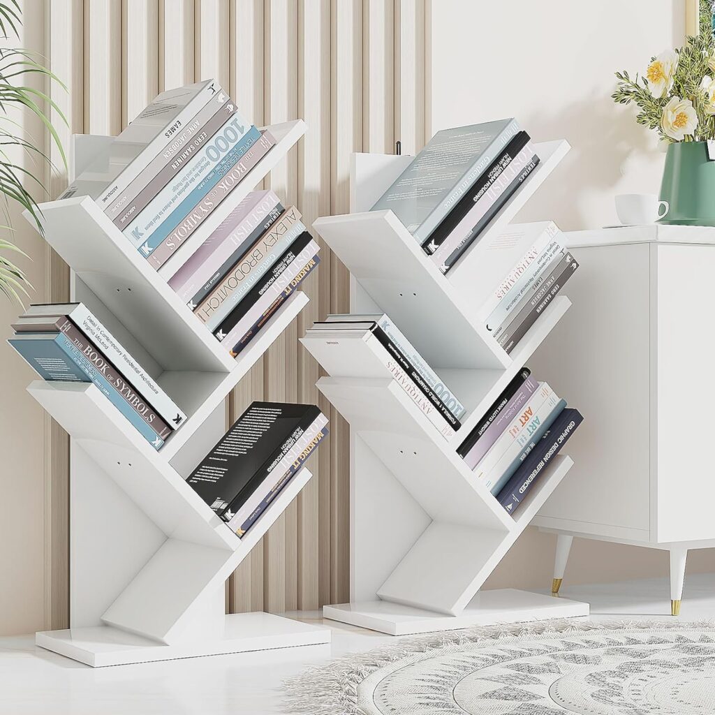 YMYNY Tree Bookshelf, 4 Tier Floor Standing Bookcase, Tree Shaped Book Shelves with Metal Frame, Storage Rack for Books, Display Book, Magazine CDs for Living Room, White HBC014W
