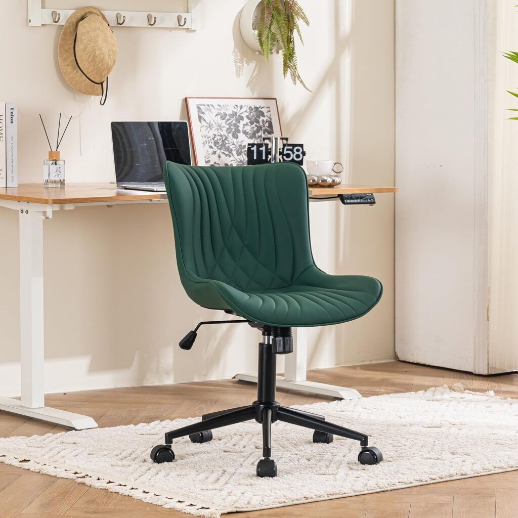 YOUTASTE Ergonomic Office Desk Chair Faux Leather with Wheels Adjustable Home Vanity Chairs Modern Padded Swivel Lounge Chairs Rocking Computer Task Chair with Back Dark Green