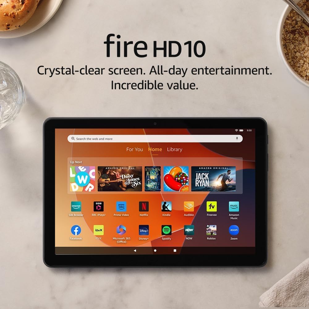 Amazon Fire HD 10 tablet, 10.1“ Full HD display, octa-core processor for fast performance, up to 13-h battery - stay connected and entertained anywhere - 32 GB, Black, with adverts